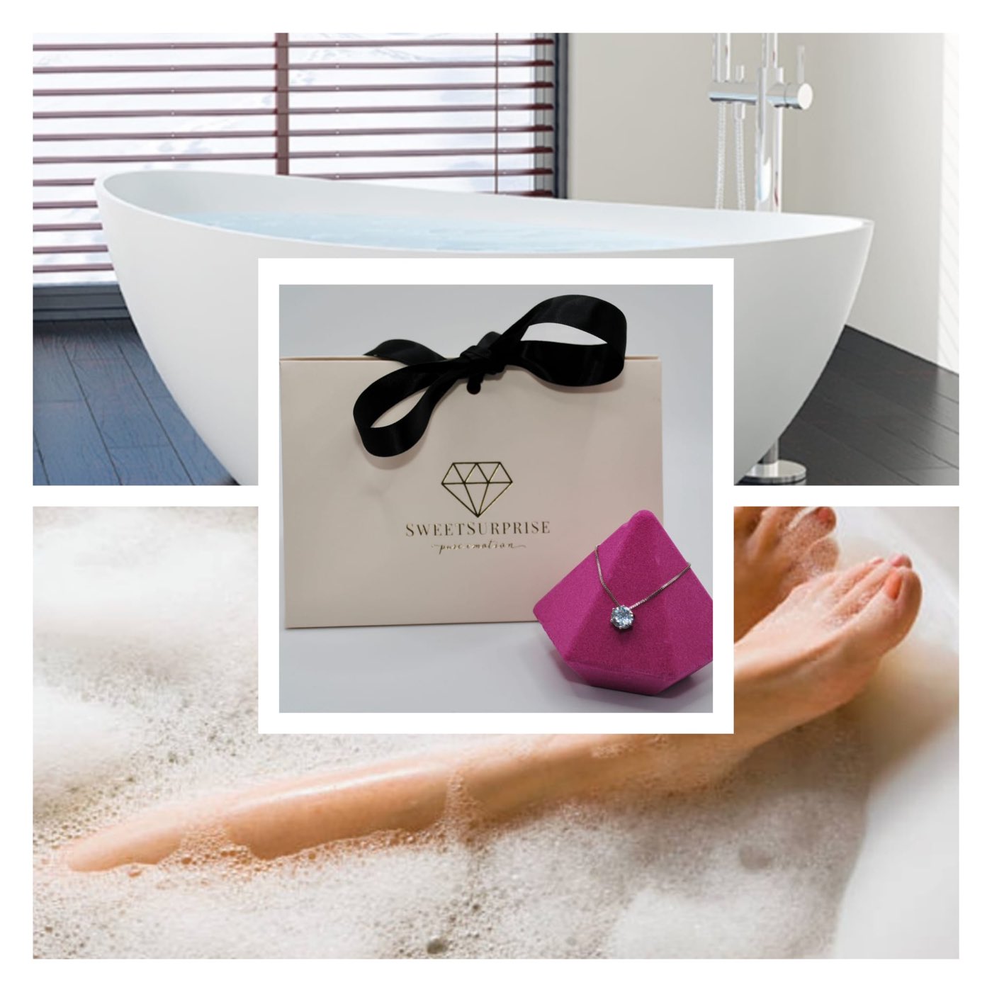 Sweet Surprise Geschenkset vor einer Badewanne und entspannendes Badeerlebnis