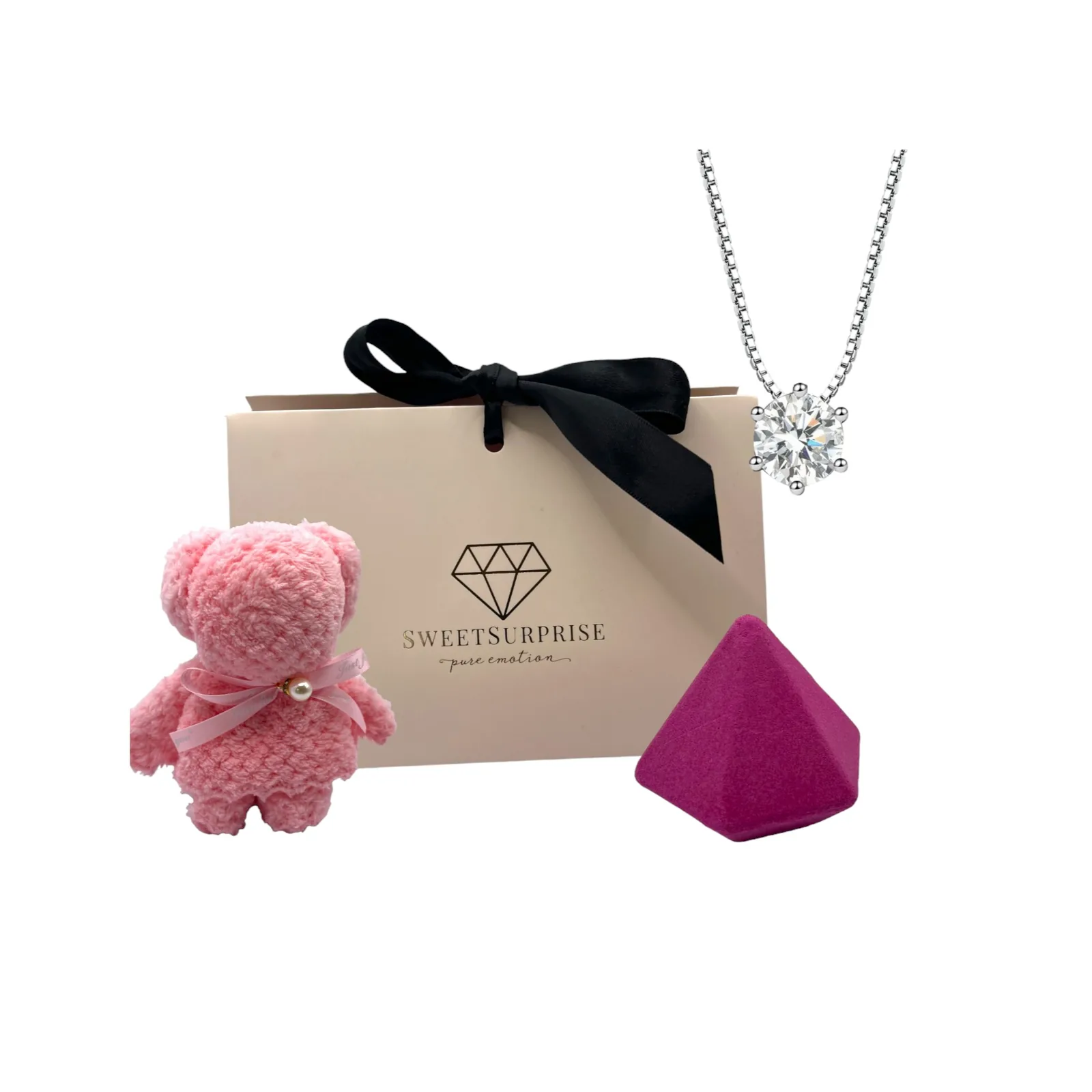 Sweet Surprise Geschenkset mit Badebombe, Silberkette, Teddytuch und Herzkarte